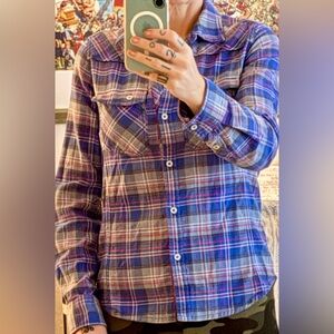 Stio blue/purple, red, white, black plaid flannel button down